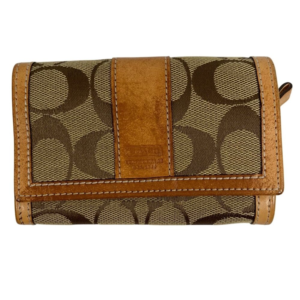 COACH Signature Logo Jacquard Bifold Wallet Tan Leather Trim + Zipper Pouch